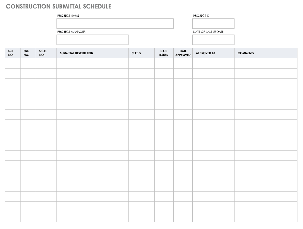 Construction Submittal Schedule Template