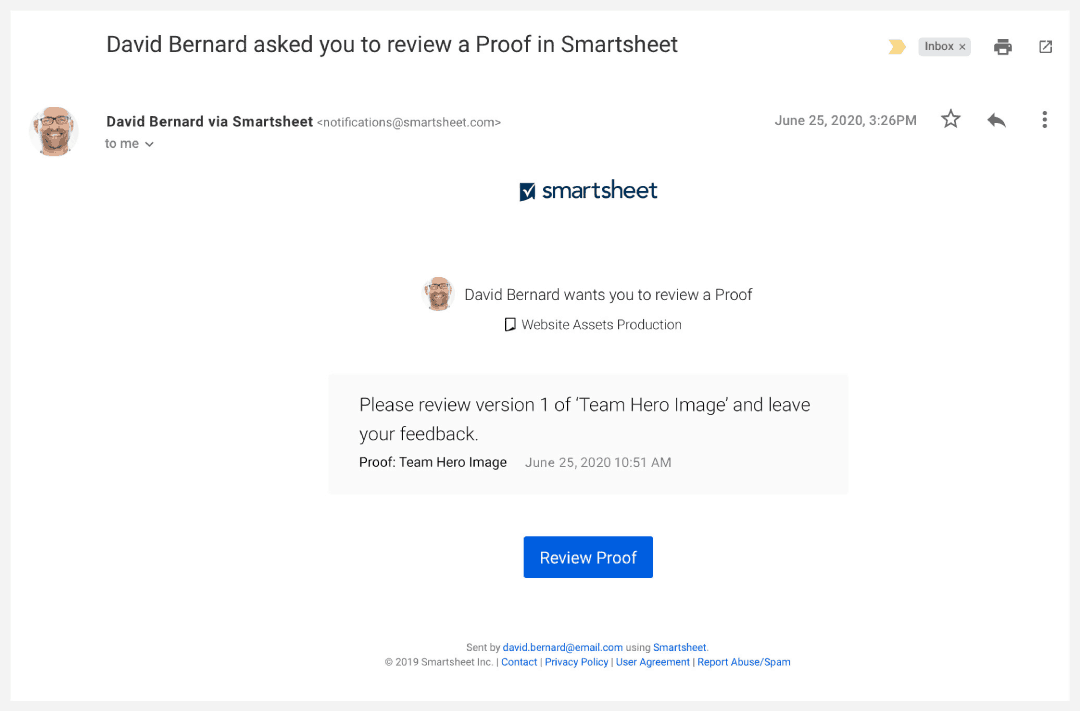 Example of a Smartsheet proof review request sent through email