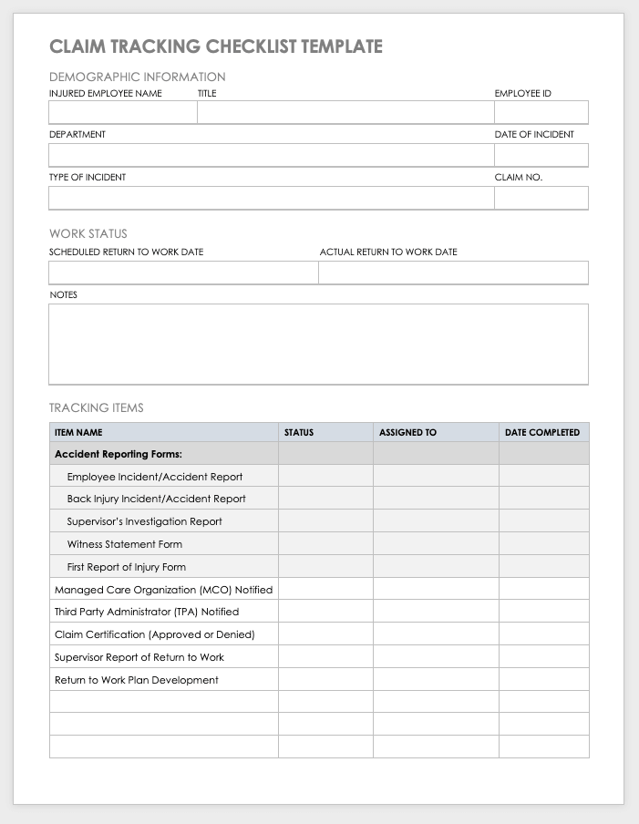 Claim Tracking Checklist Template