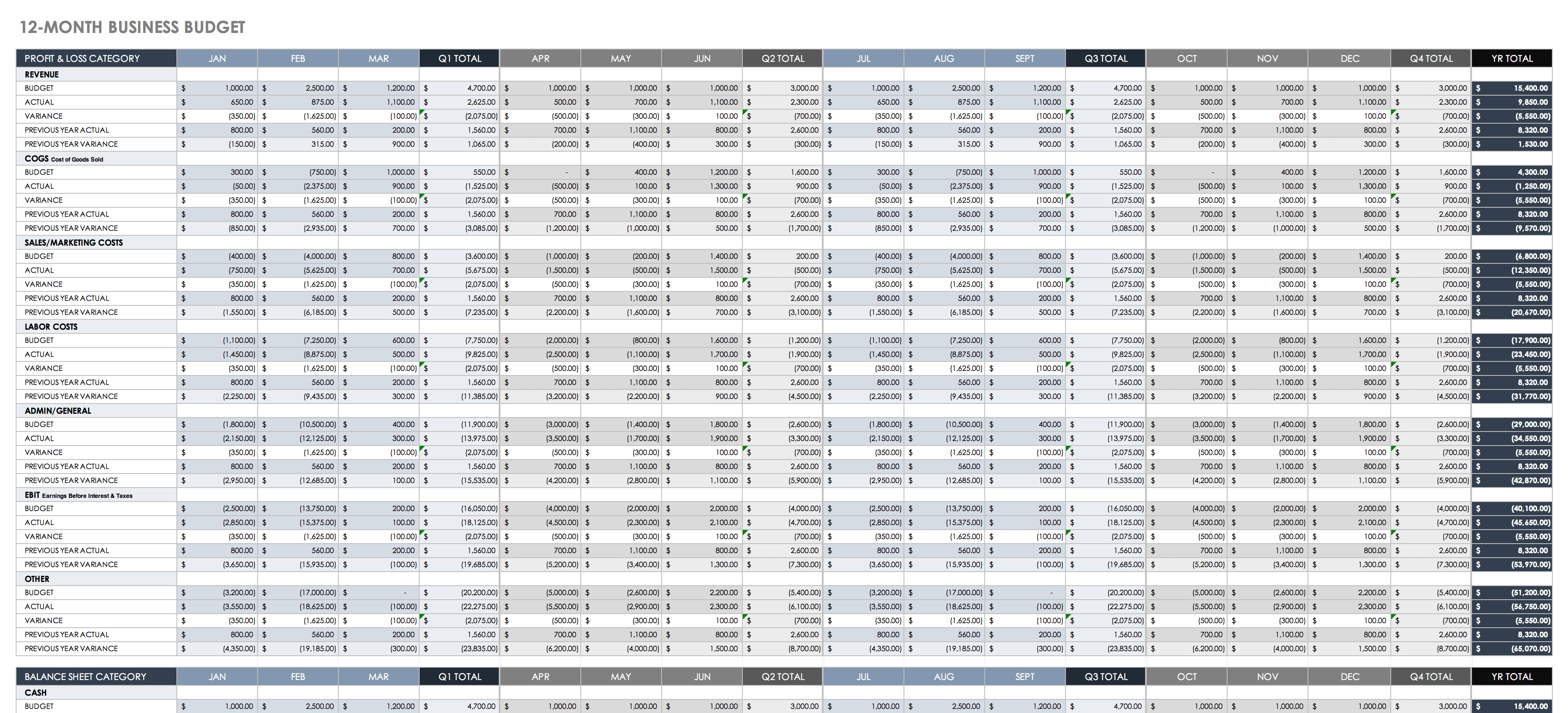 12 Month Business Budget Template