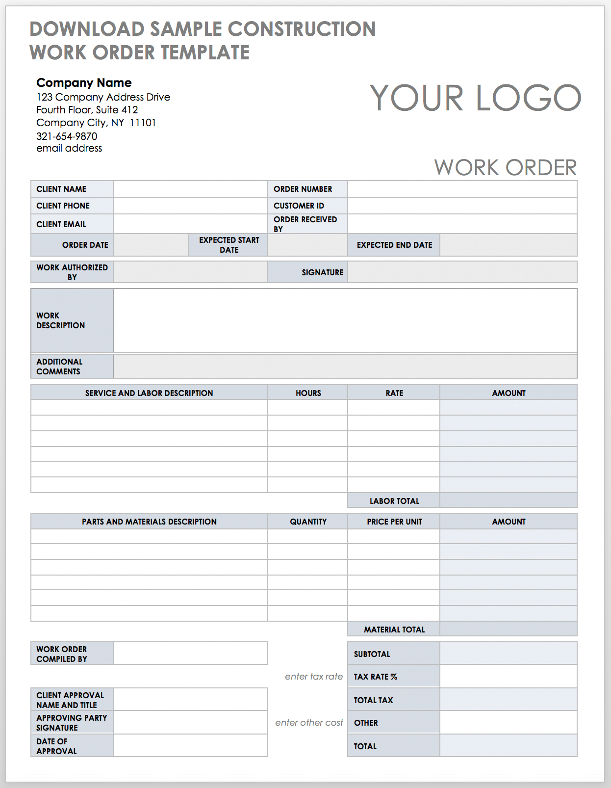 Sample Construction Work Order Template