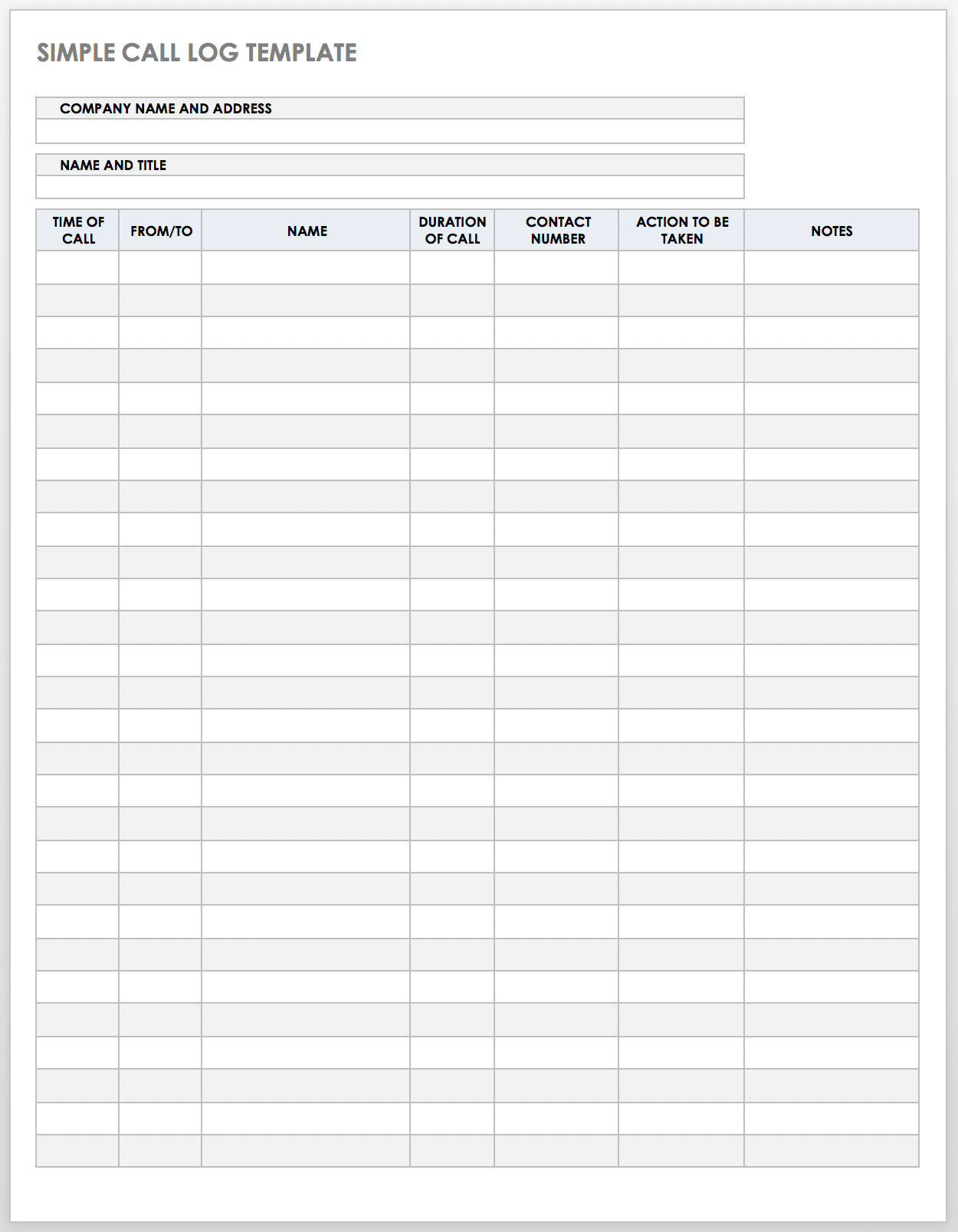 Simple Call Log Template