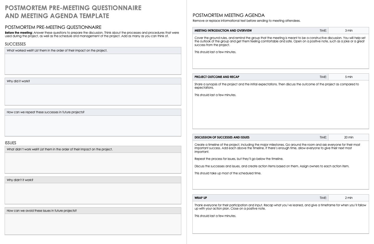 Postmortem Pre Meeting Questionnaire and Meeting Agenda Template