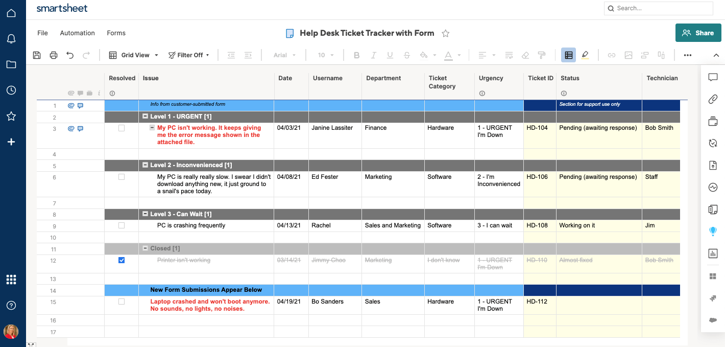 Smartsheet help desk template with form