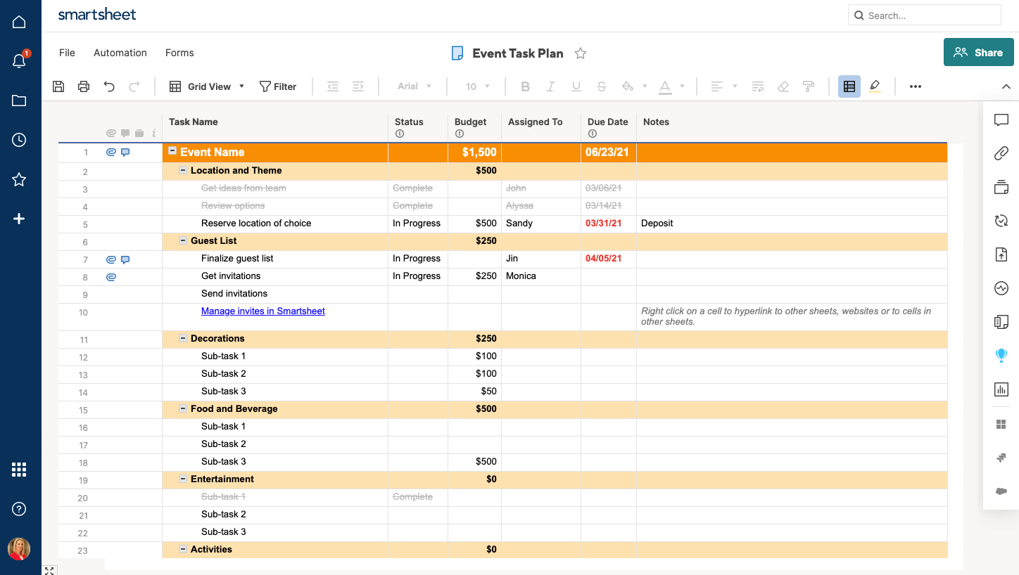 Event plan template Smartsheet