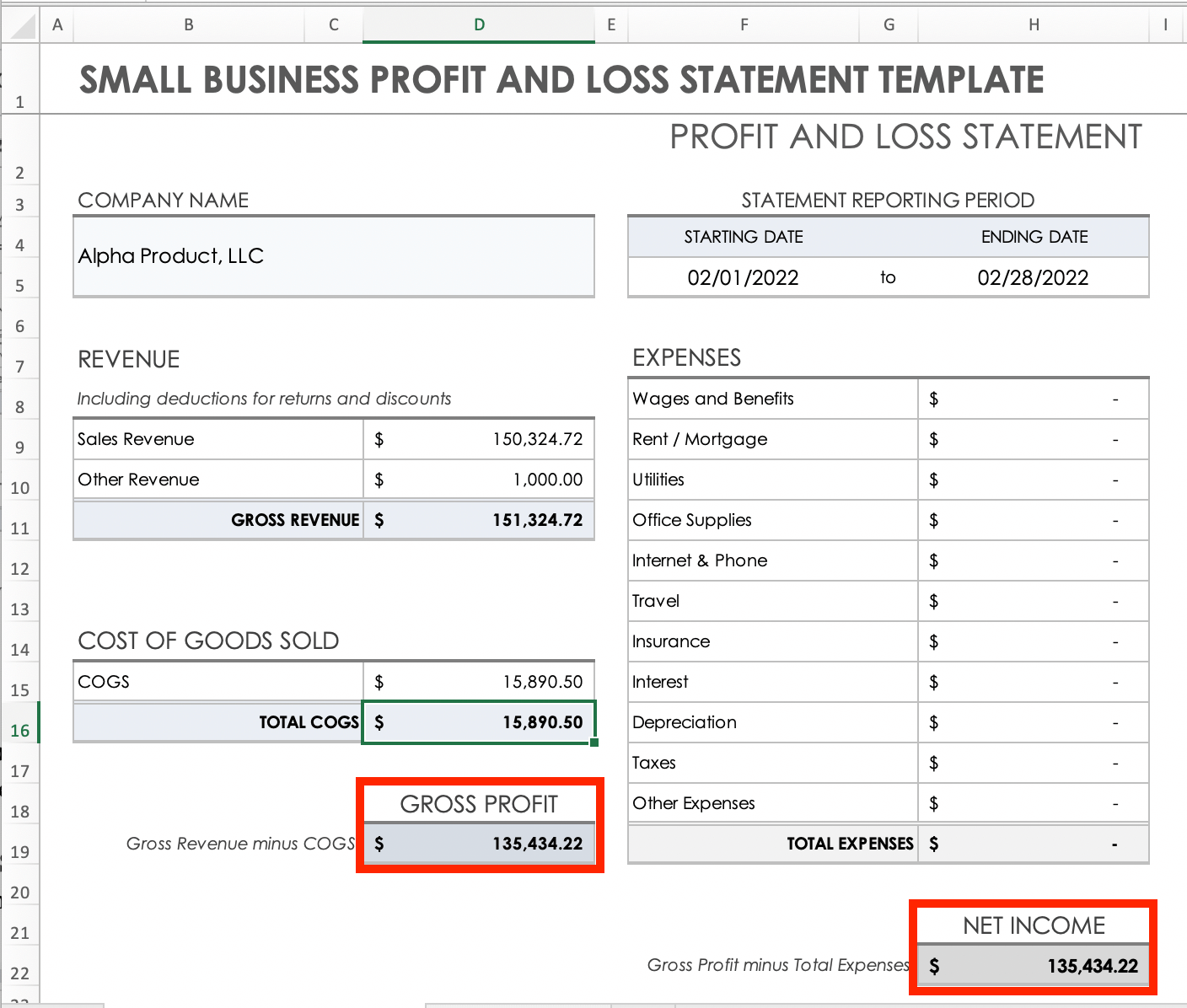 Total Gross Profit Equals Revenue Minus Cogs