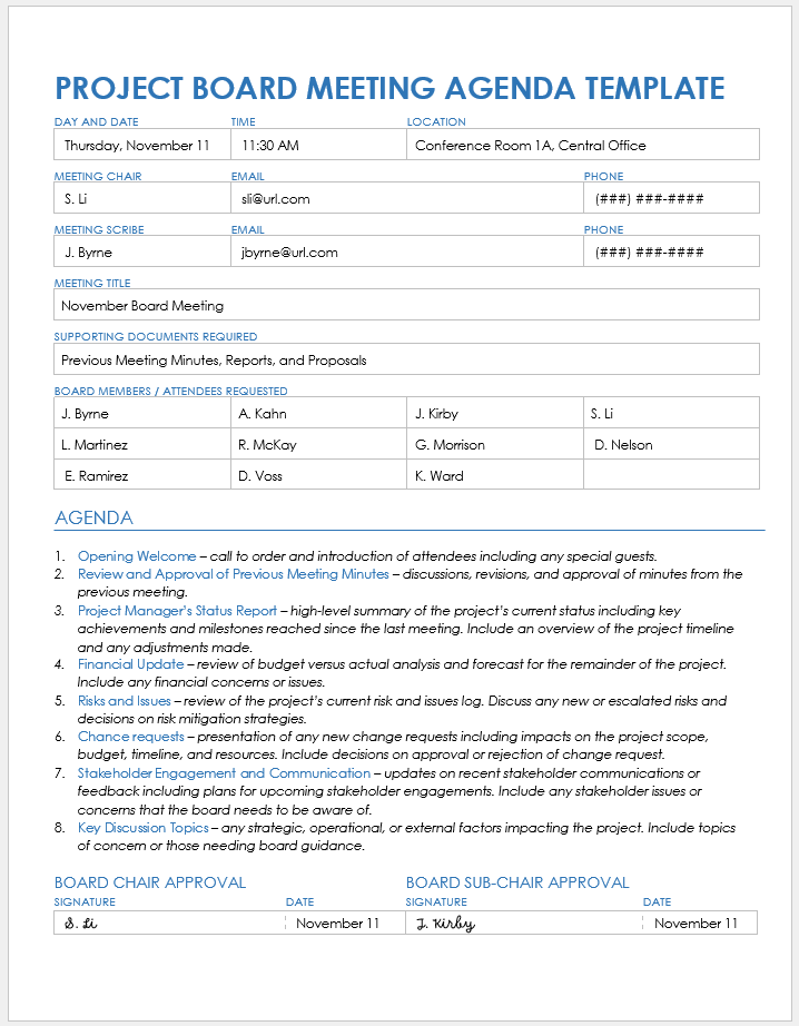 Project Board Meeting Agenda Template