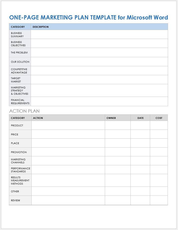 One-Page Marketing Plan Template Word