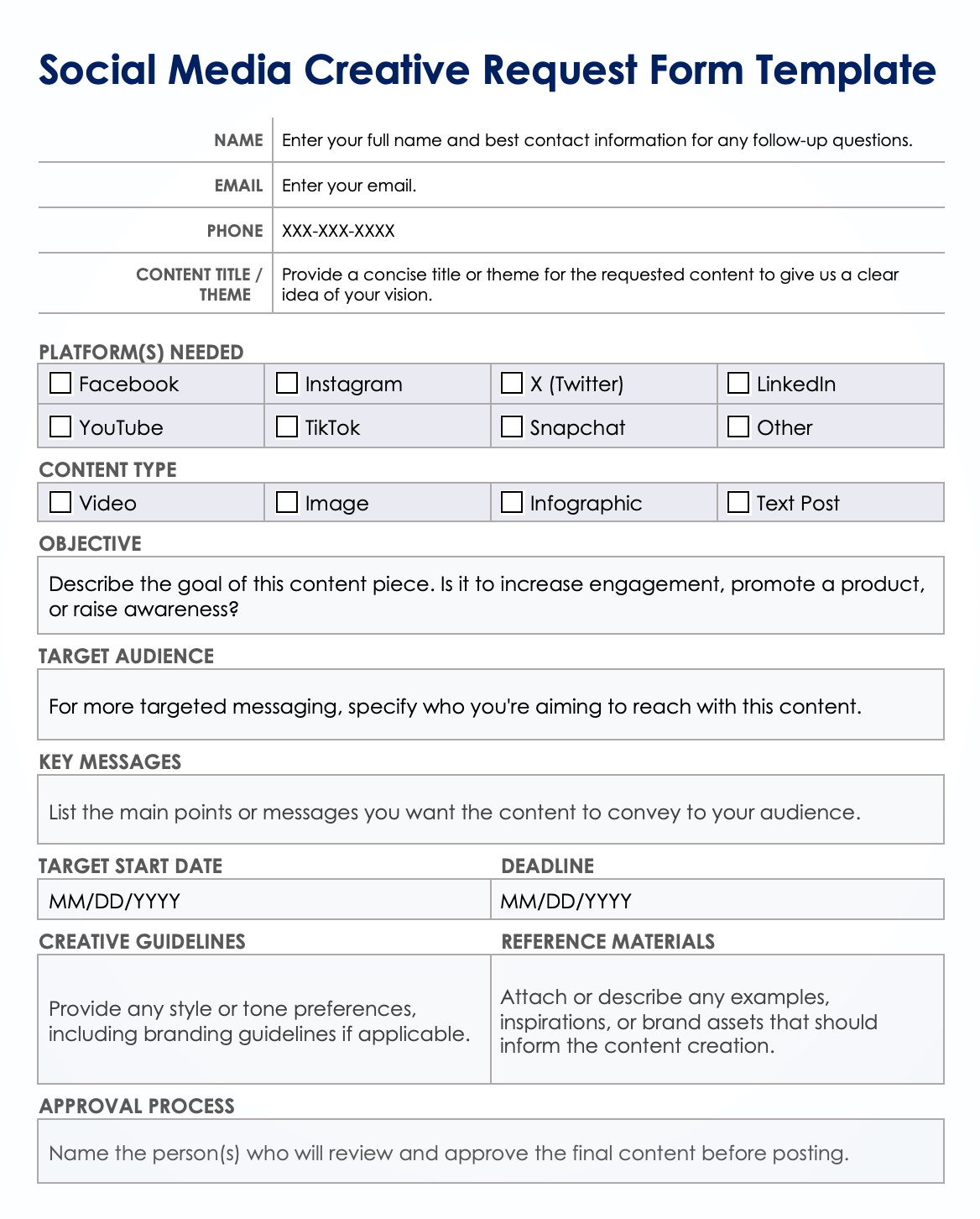 Social Media Creative Request Form Template