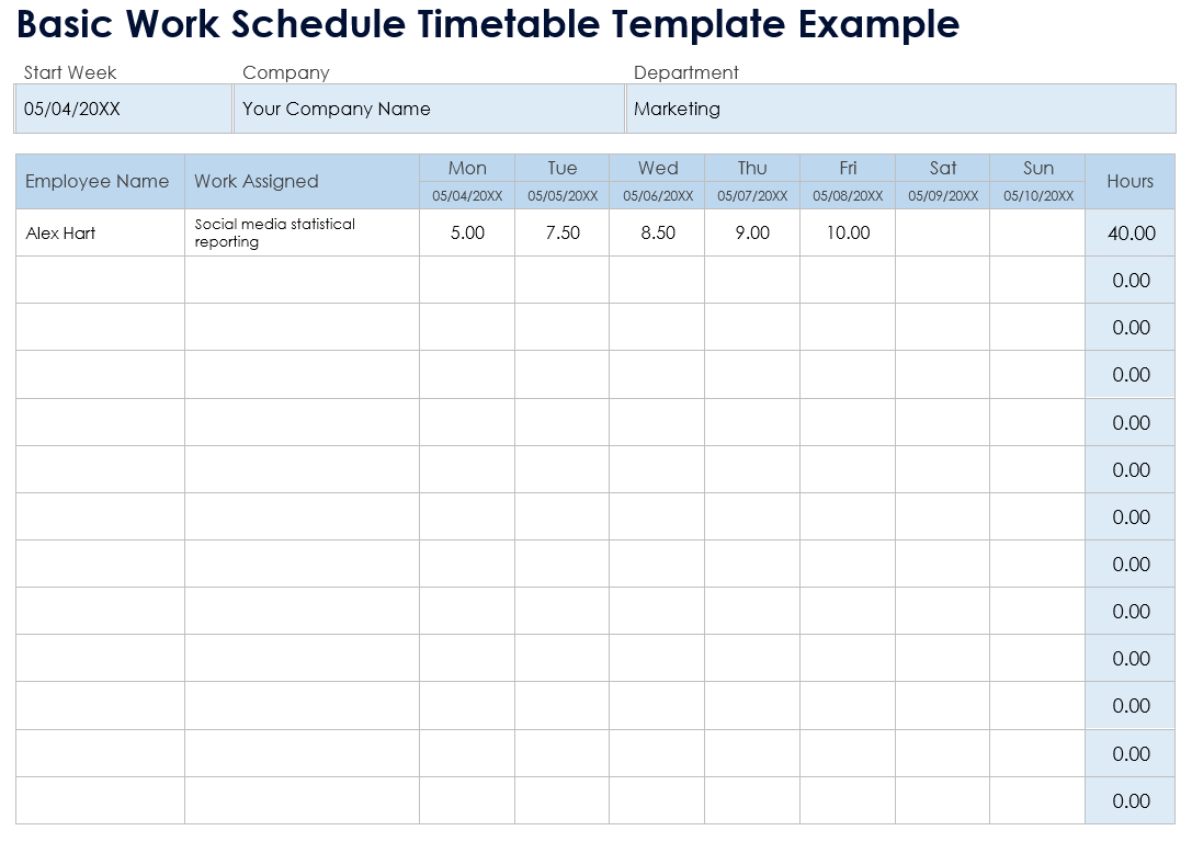 Basic Work Schedule Timetable Template Example