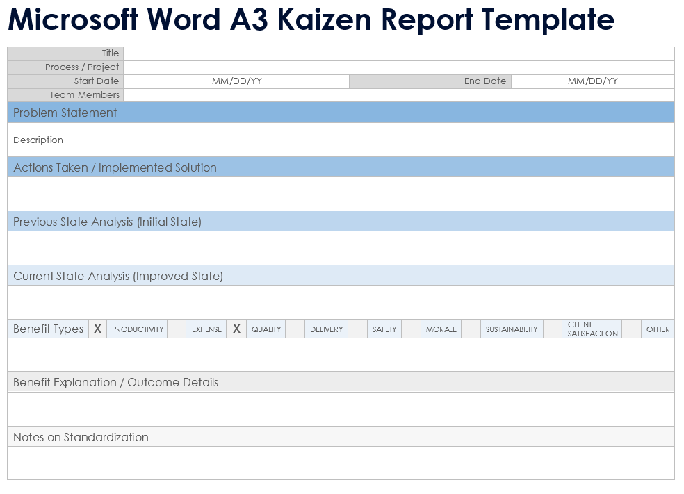 Microsoft Word A3 Kaizen Report Template