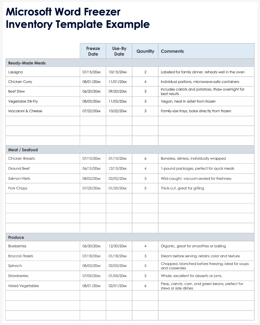 Microsoft Word Freezer Inventory Template Example