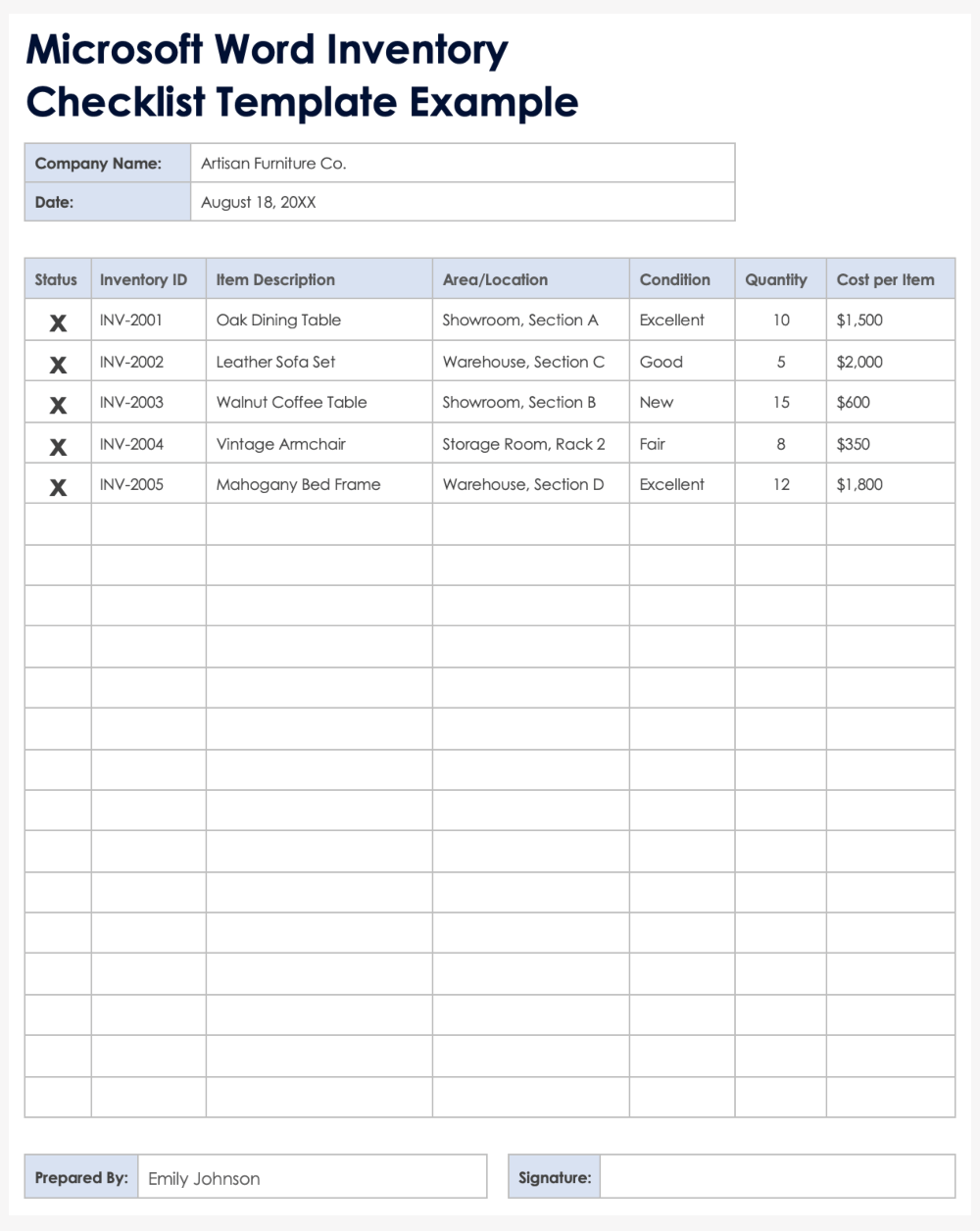 Microsoft Word Inventory Checklist Template Example