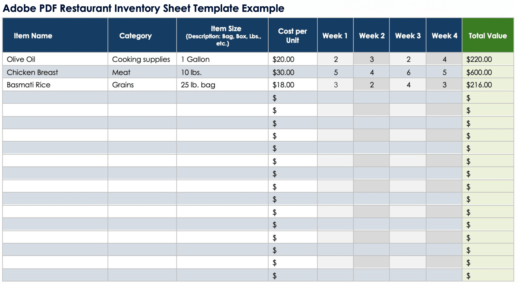 Adobe PDF Restaurant Inventory Sheet Template