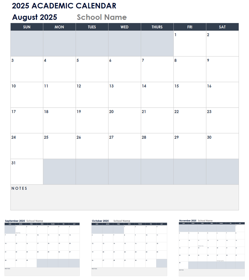 2025 Academic Calendar Template