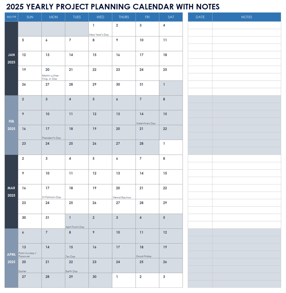 2025 Yearly Project Planning Calendar with Notes