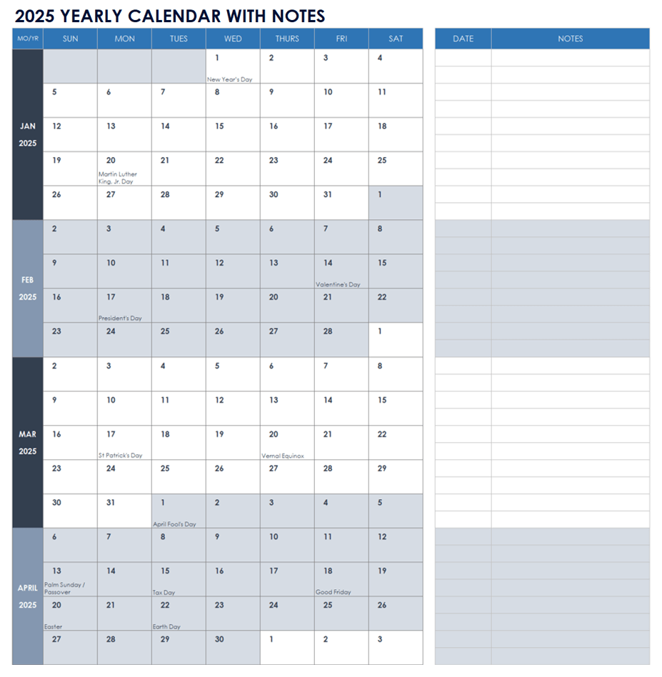 2025 Yearly Calendar with Notes