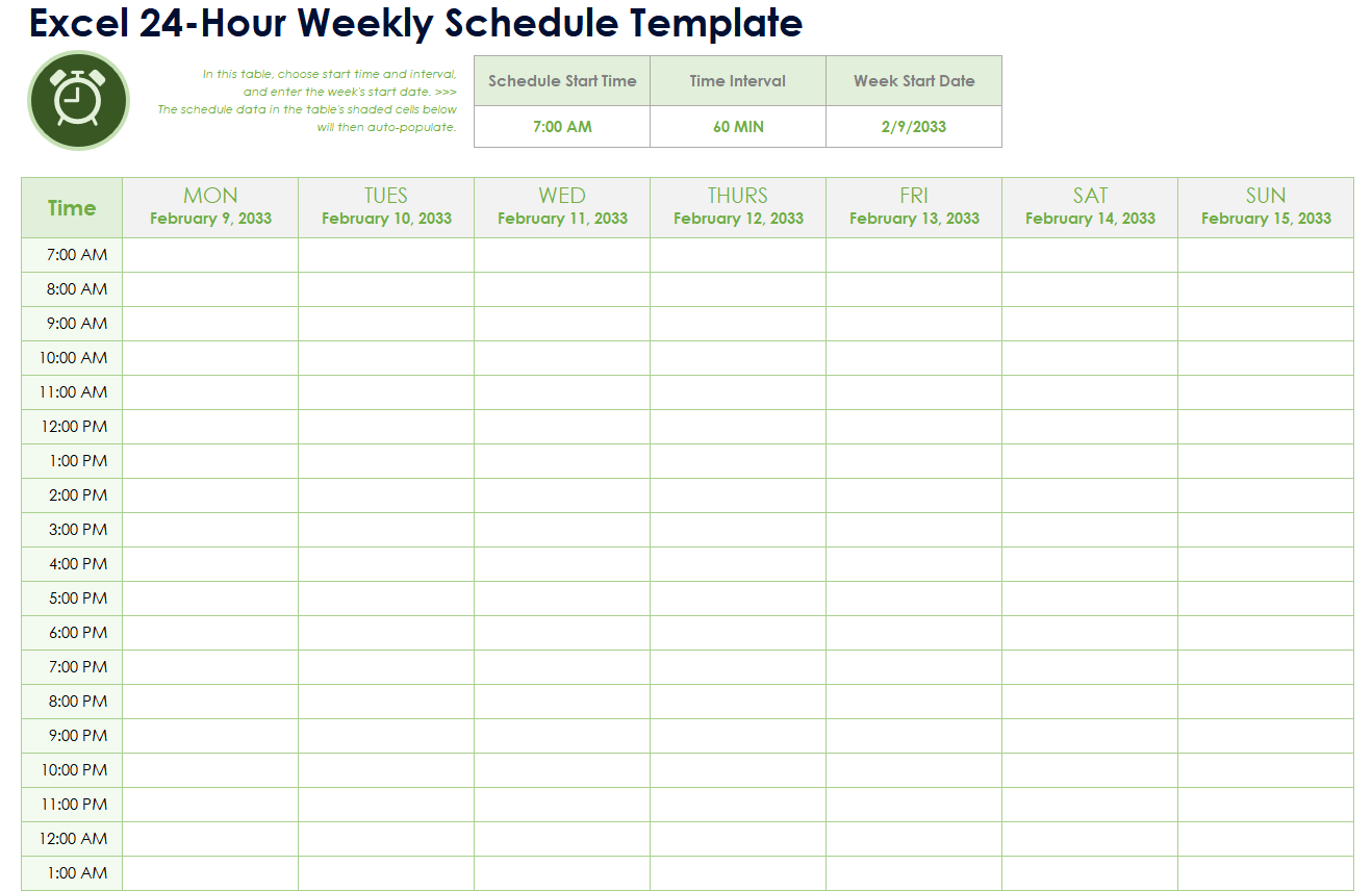 24-Hour Weekly Schedule Template