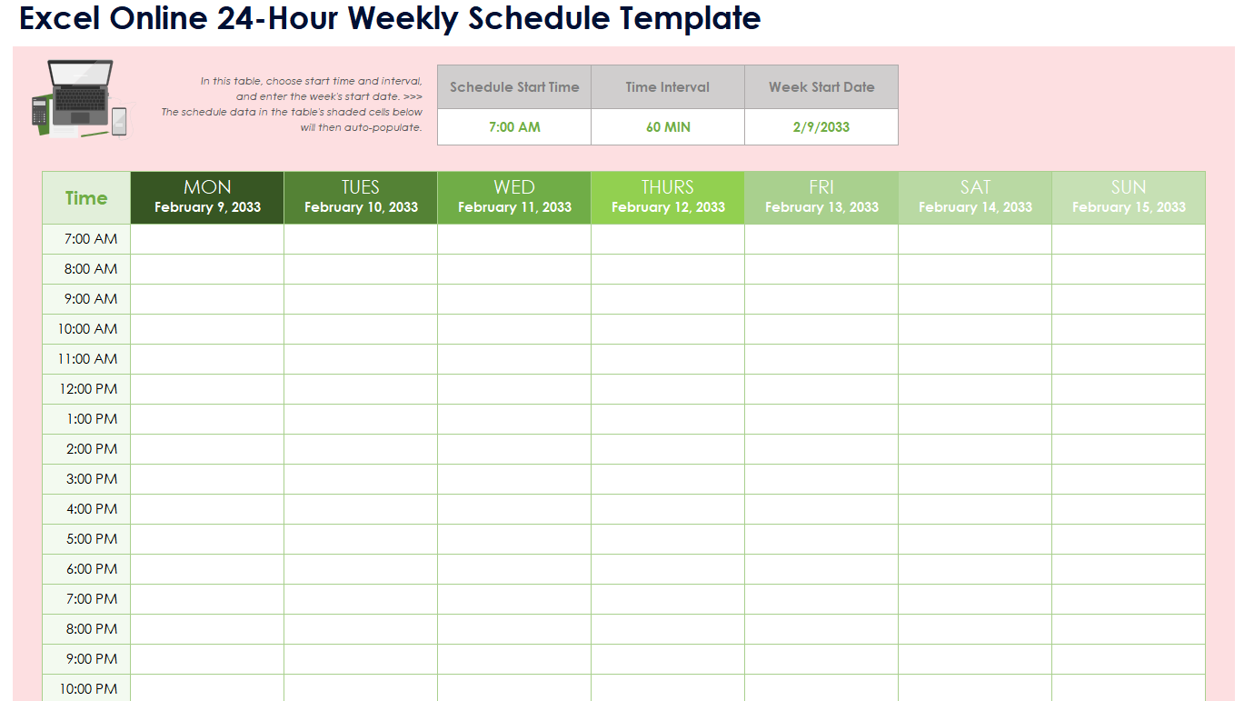 Online 24-Hour Weekly Schedule Template