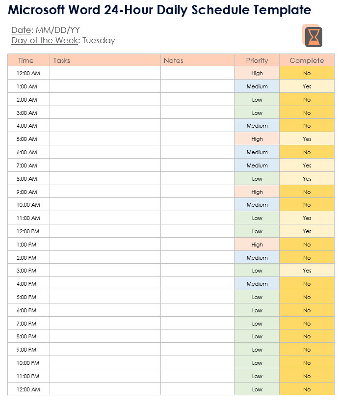 Microsoft Word 24-Hour Daily Schedule Template