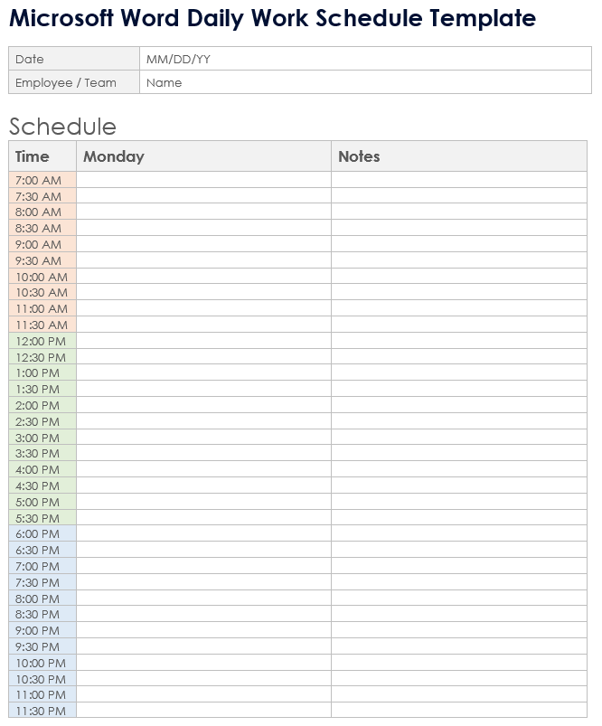 Microsoft Word Daily Work Schedule Template