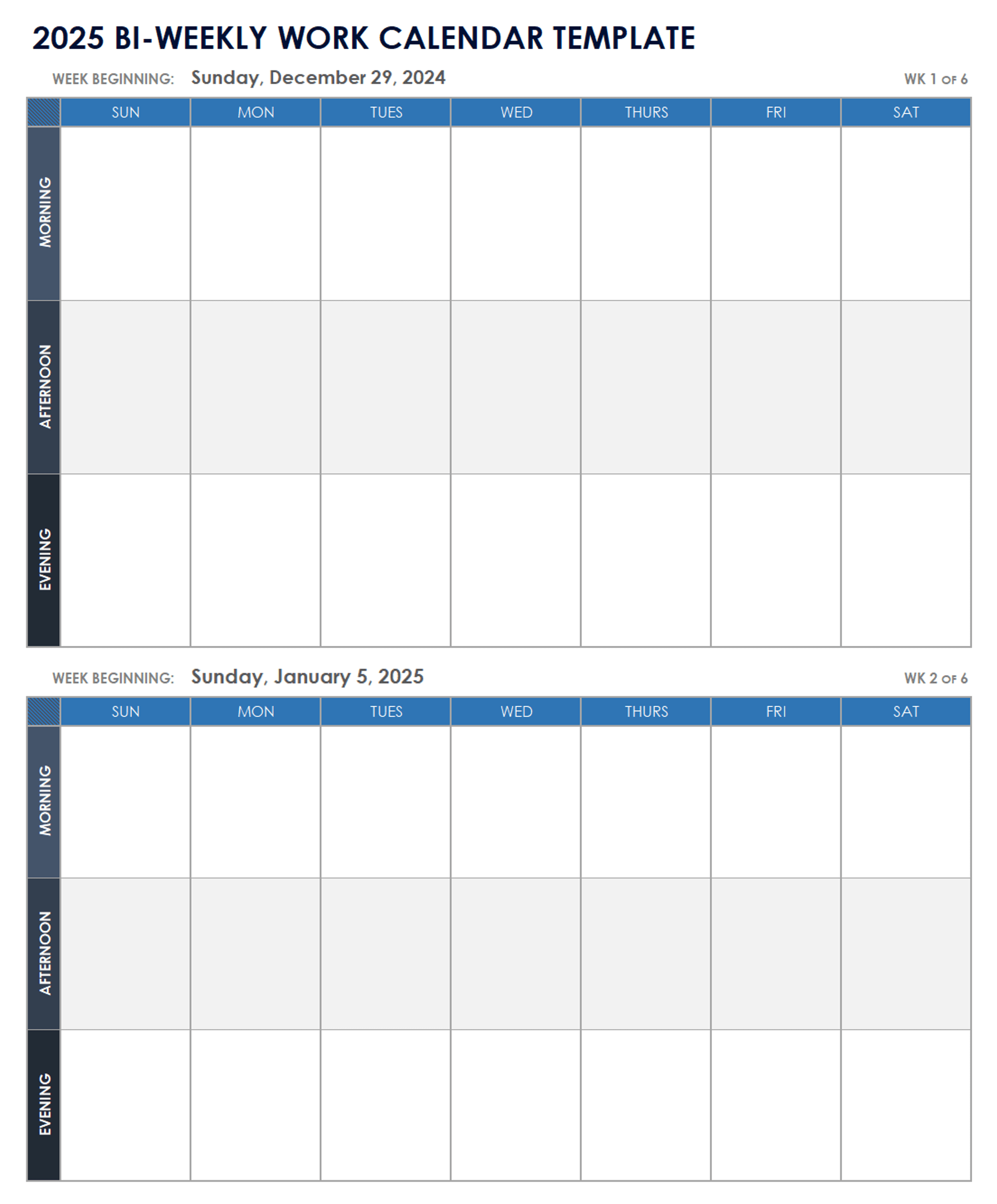 2025 Bi-weekly Work Calendar Template