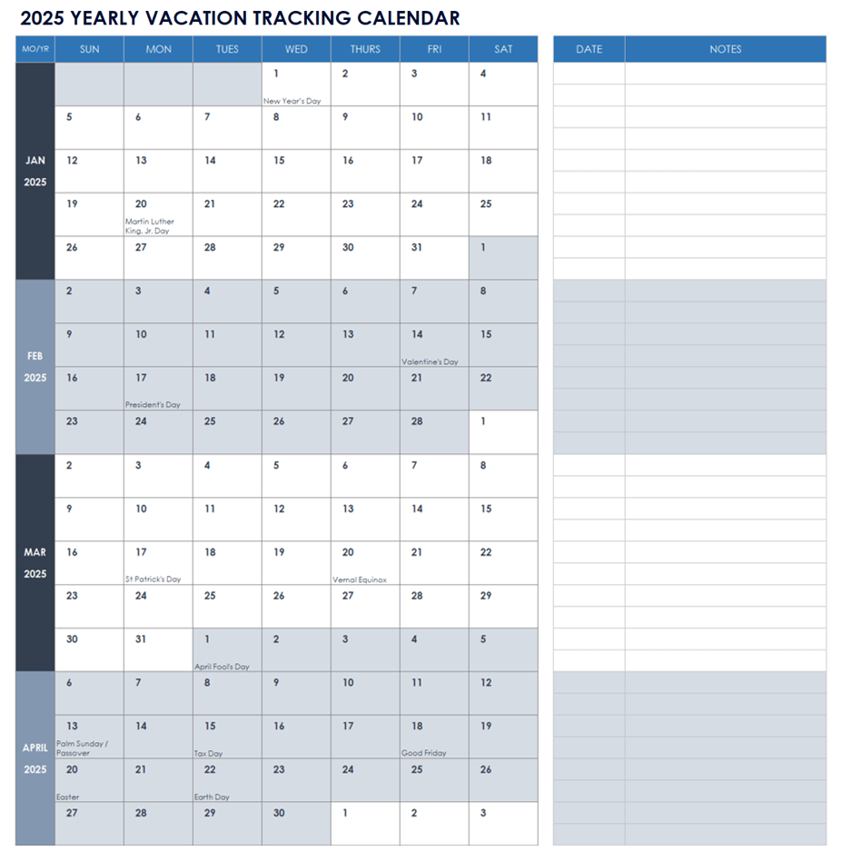 2025 Yearly Vacation Tracking Calendar