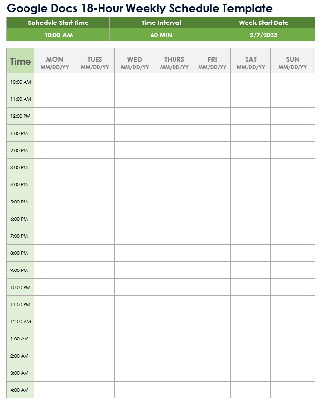 Google Docs 18 Hour Weekly Schedule Template