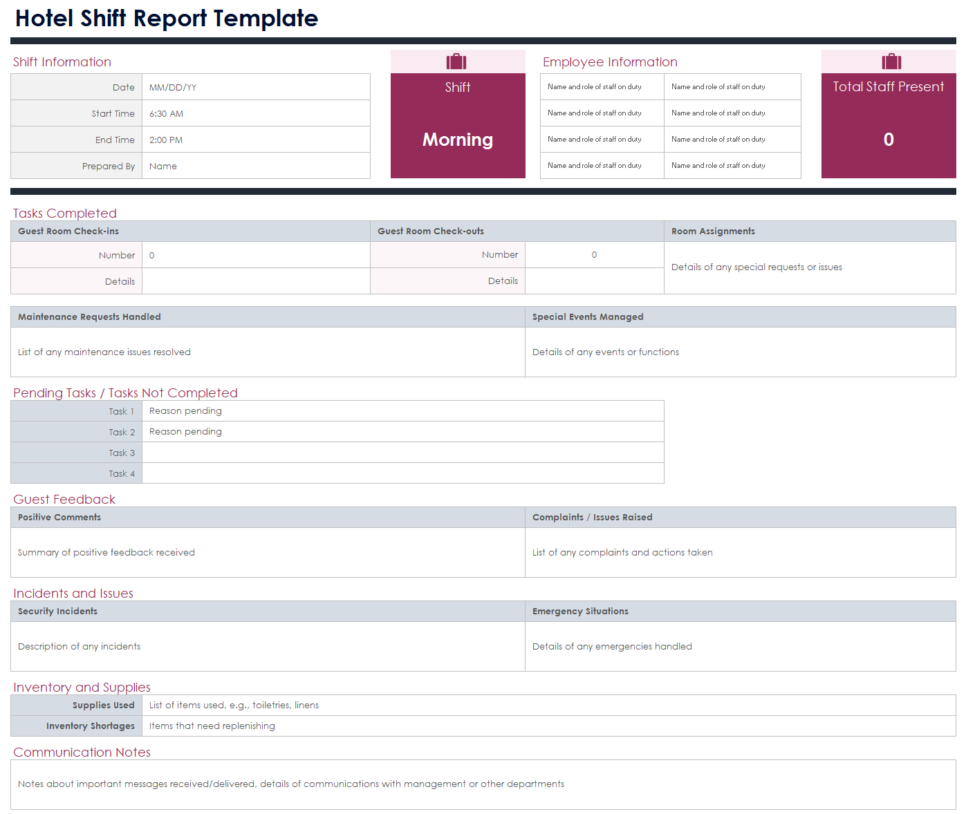 Hotel Shift Report Template