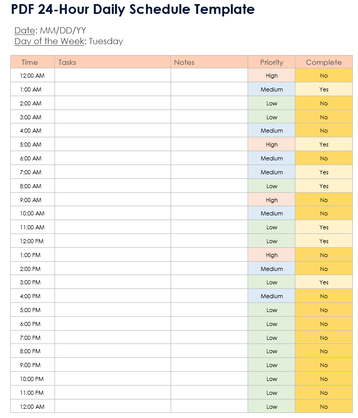 PDF 24 Hour Daily Schedule Template