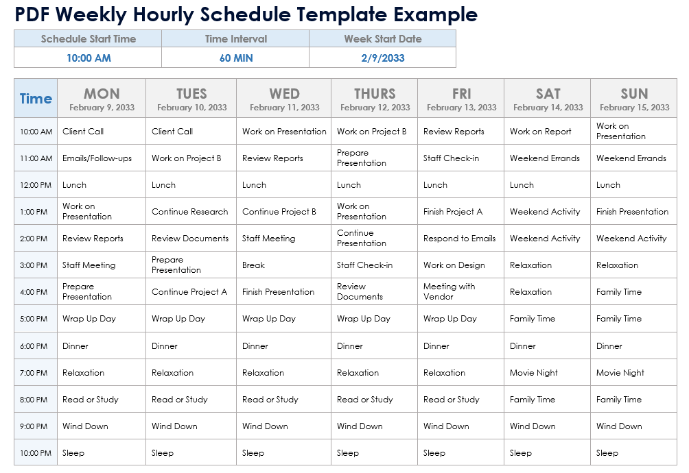 PDF Weekly Hourly Schedule Template