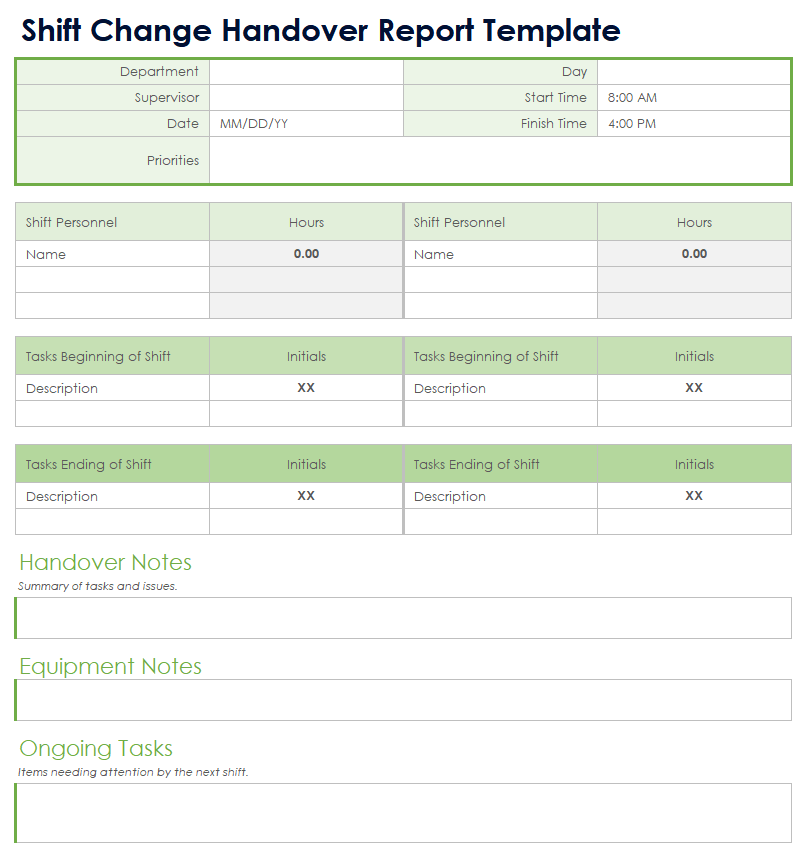 Shift Change Handover Report Template