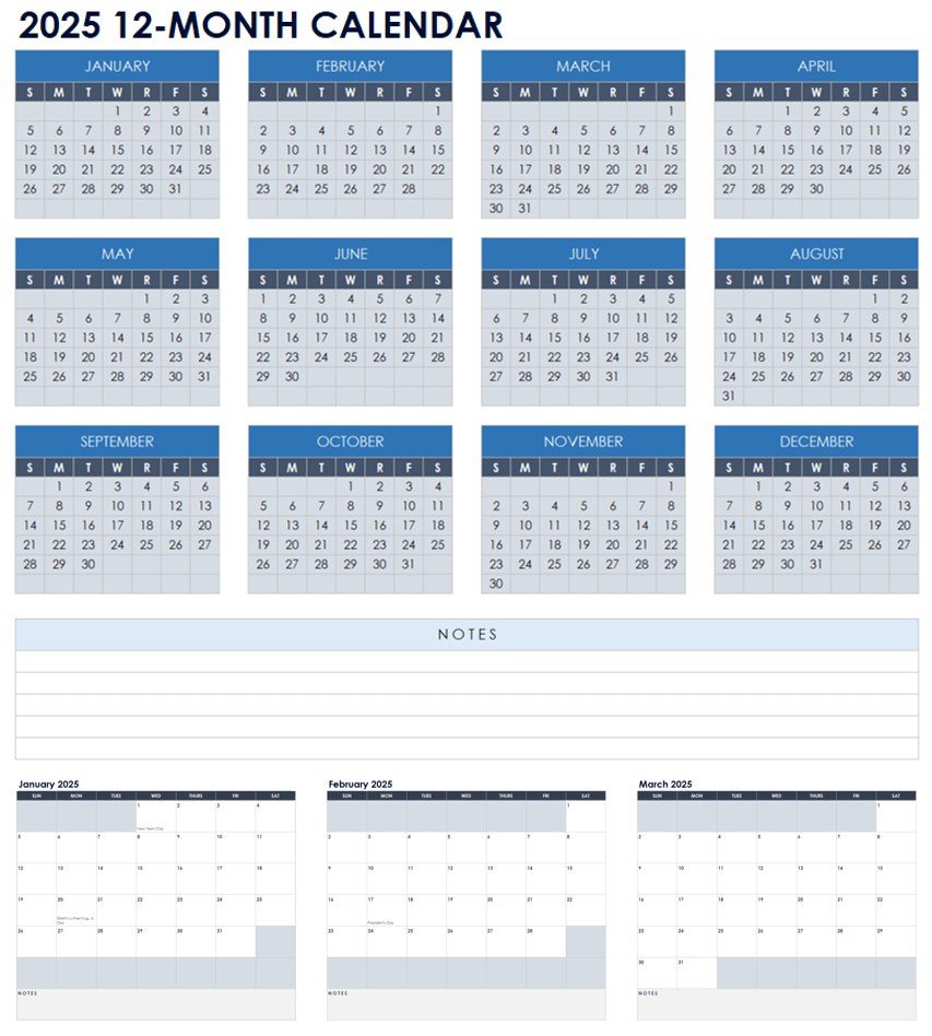 2025 12-Month Calendar Template