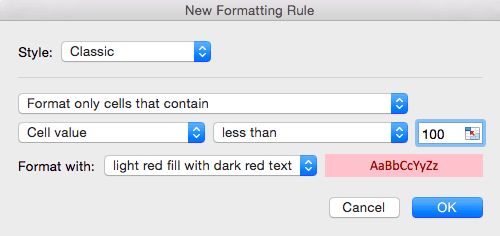 Conditional formatting new formatting rule Excel