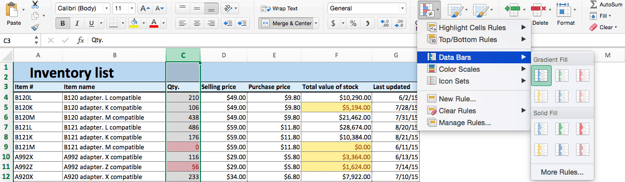 Conditional formatting choose data bars Excel