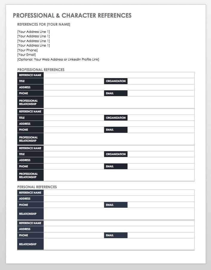 Combo Professional and Character Reference List Template