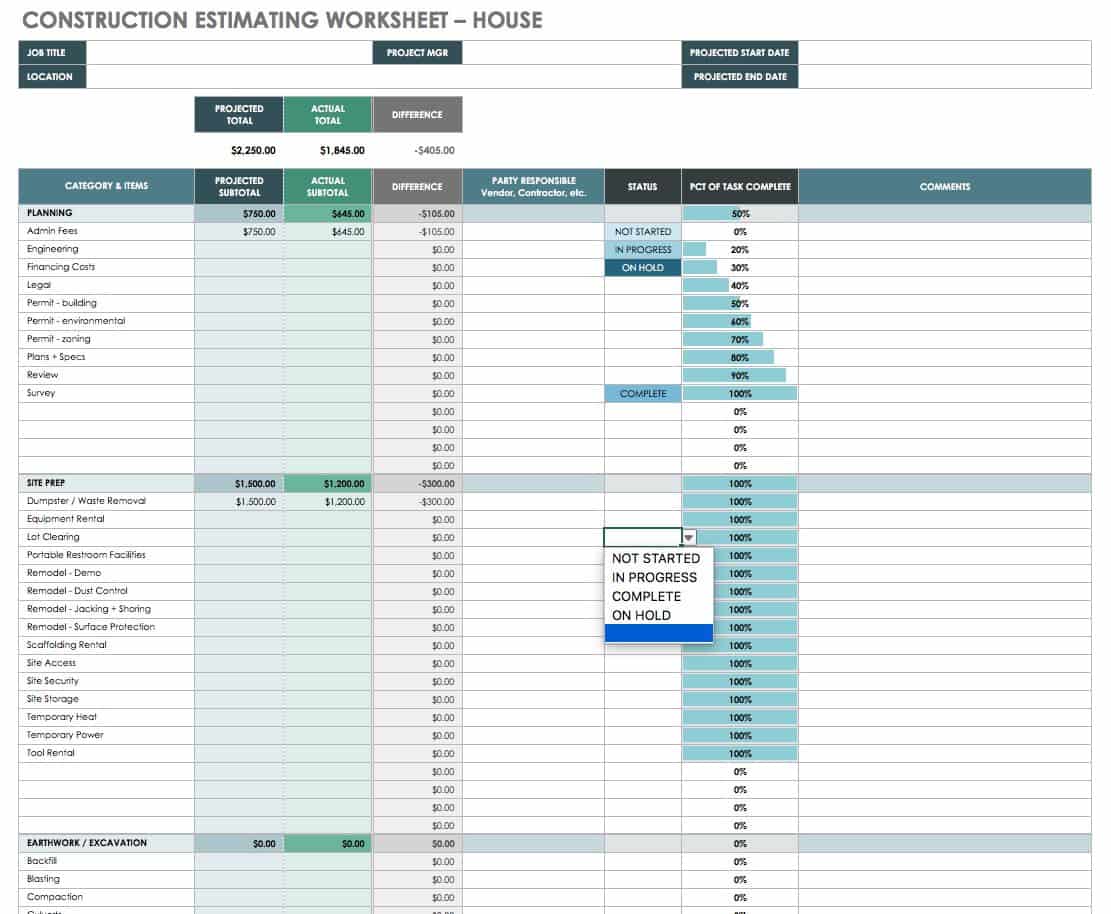 Construction Estimating Worksheet House Template