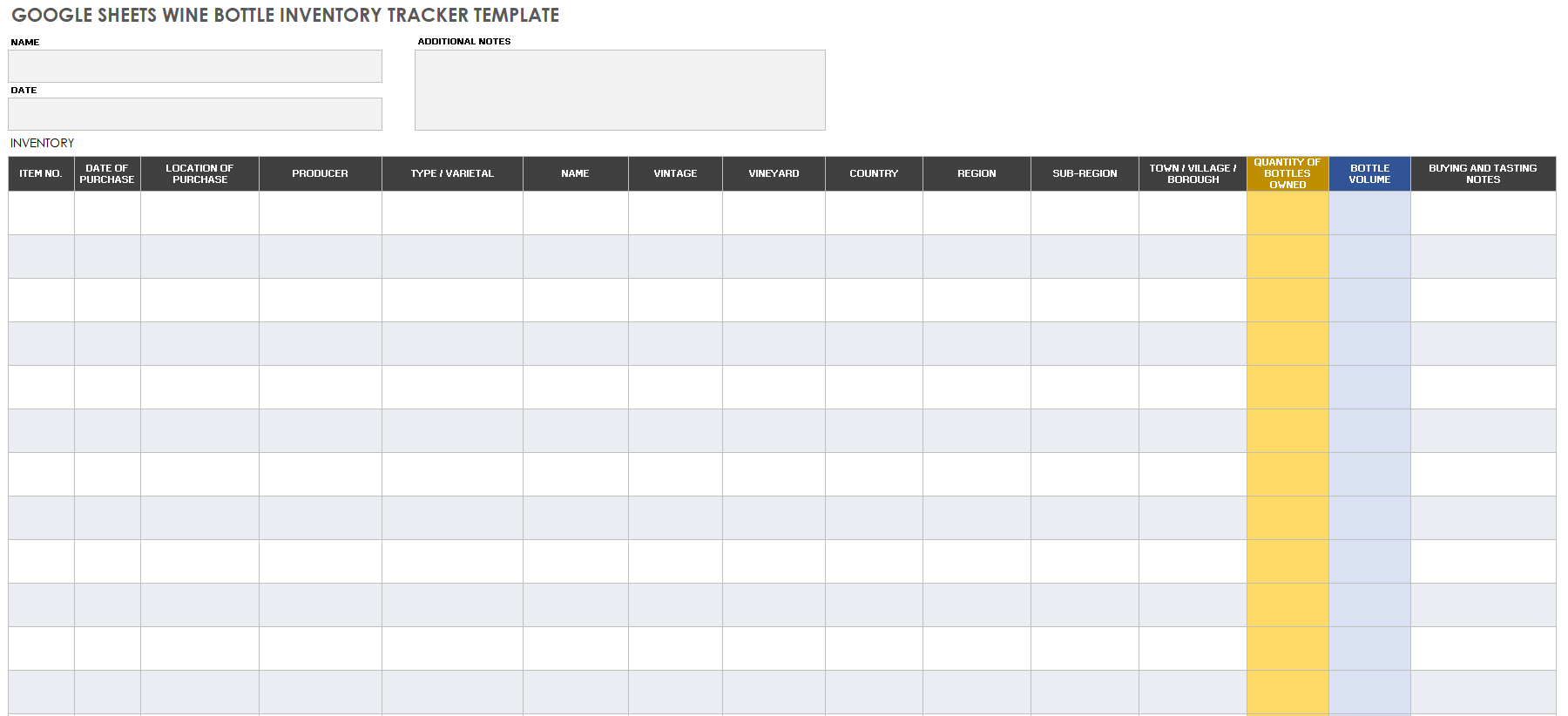 Google Sheets Wine Bottle Inventory Tracker Template