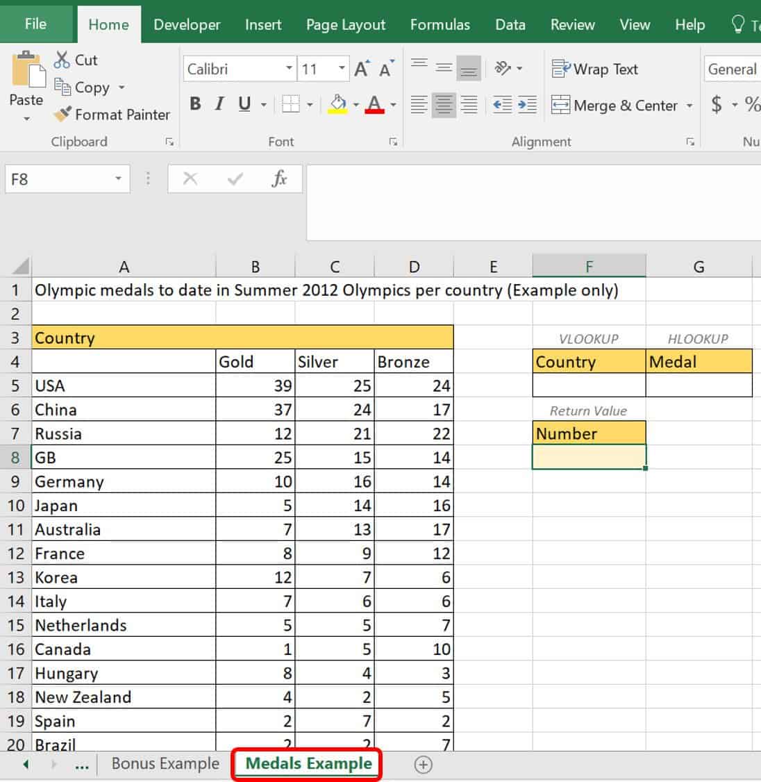 HLOOKUP Excel example