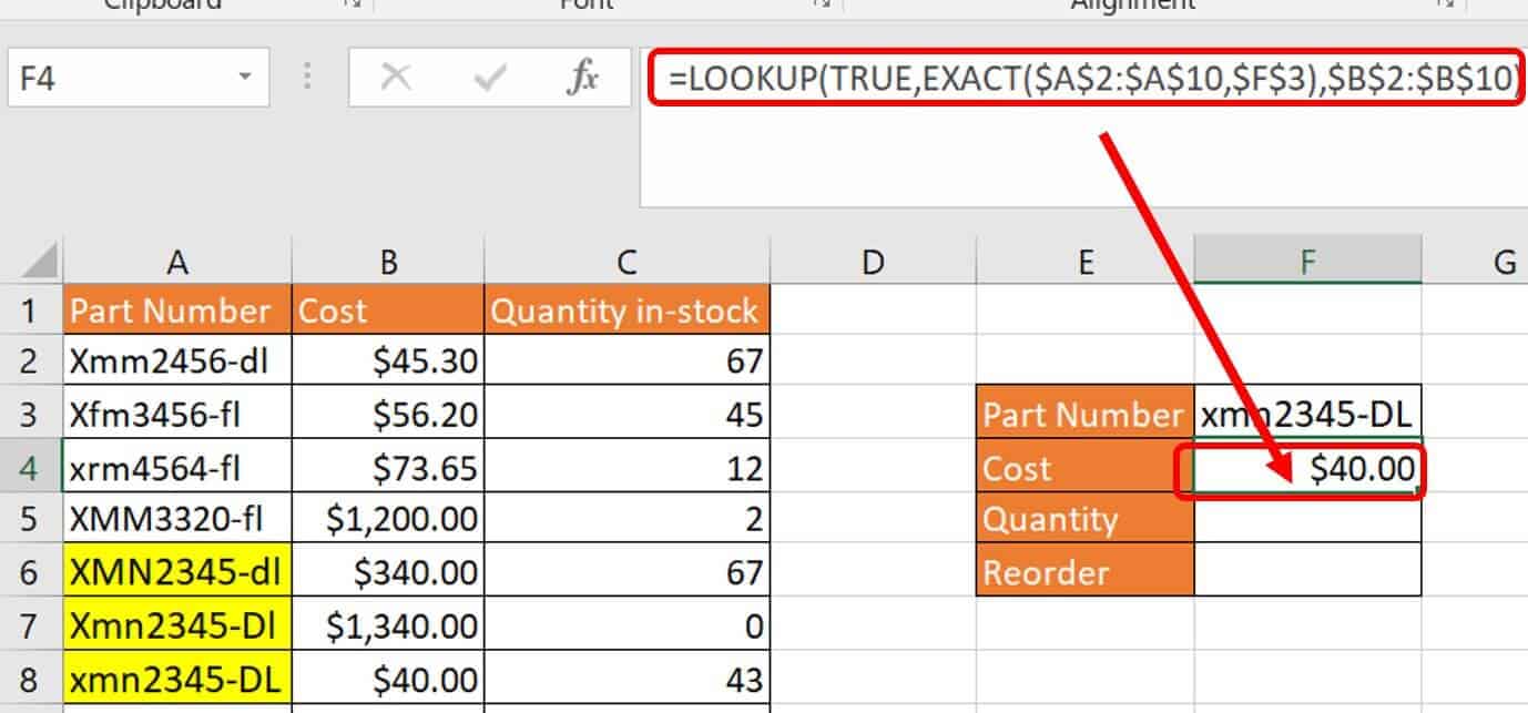 LOOKUP Exact case sensitive example