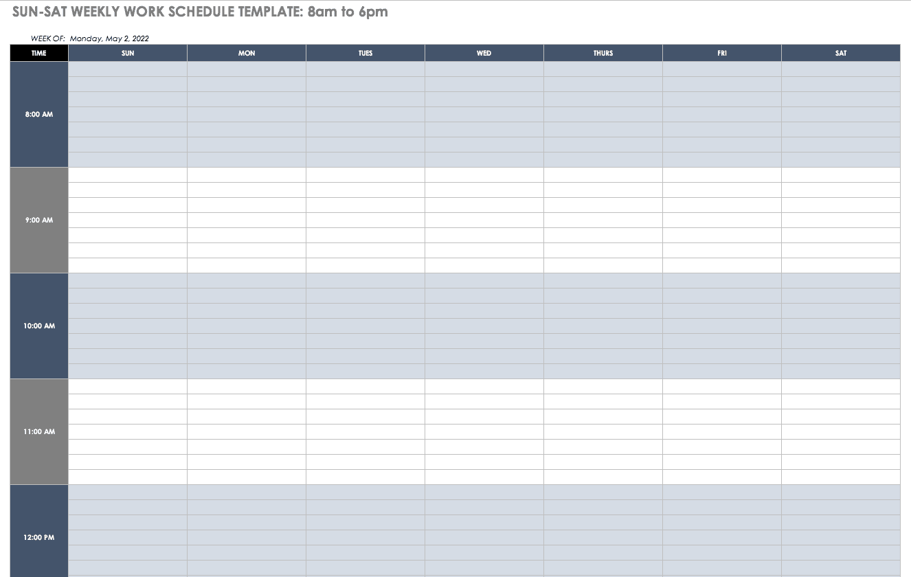 Sun Sat Weekly Work Schedule 8-6 Template