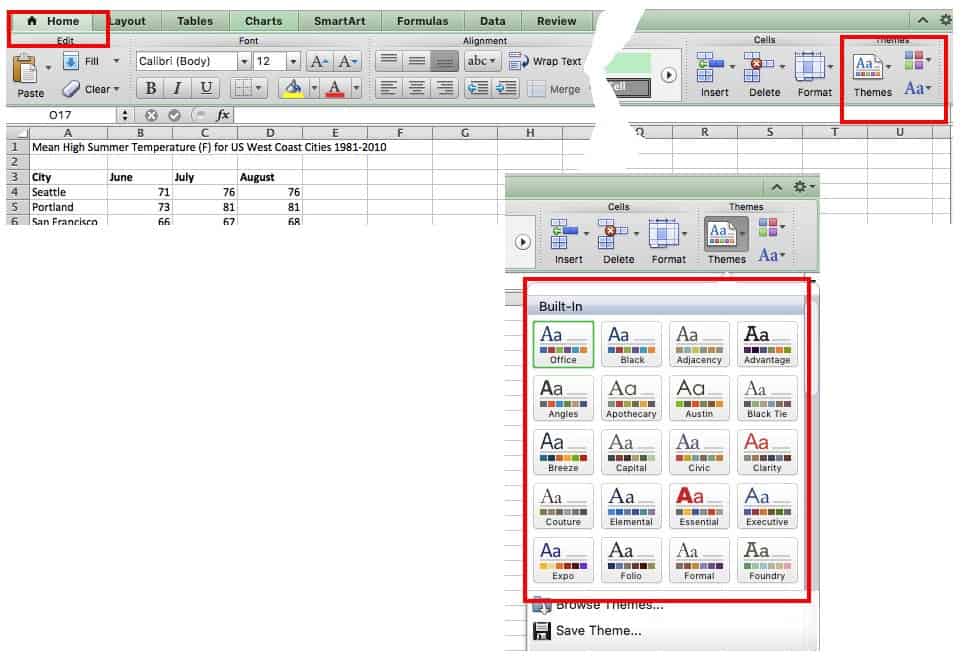 How to change theme for bar chart in Excel