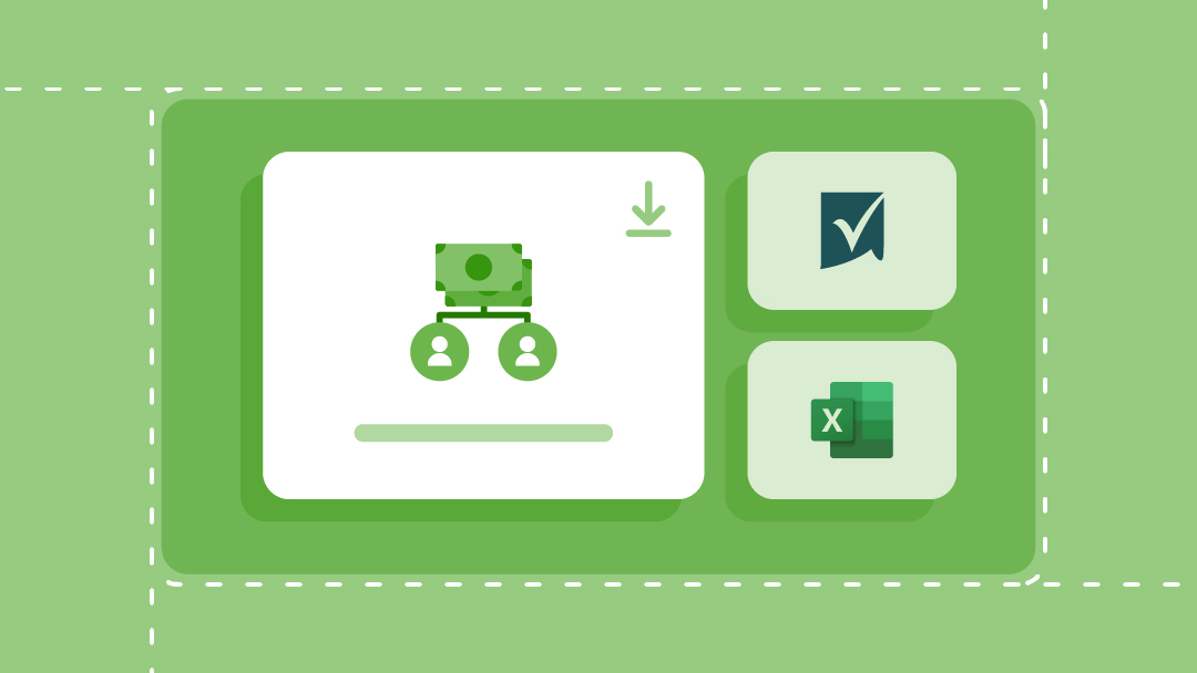 Template payroll download icons with Smartsheet, a coin, and a stack of money